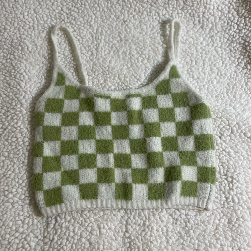 Green and White checkered knit tank top